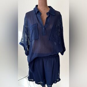 Lumiere Textured Navy BlueTwo-Piece Set - see through top and lined shorts.